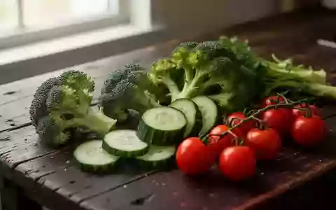 Frisches, rohes Gemüse wie Brokkoli, Gurken und Tomaten auf einem dunklen Holztisch in natürlichem Licht. - Foto: über boerse-global.de