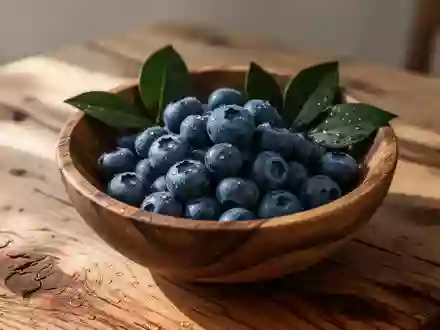 Eine Nahaufnahme von frischen Blaubeeren in einer Holzschale auf einem rustikalen Holztisch bei natürlichem Tageslicht. - Foto: über boerse-global.de
