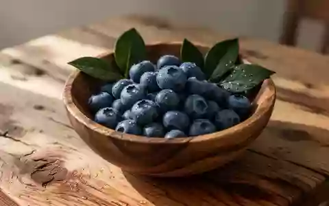 Eine Nahaufnahme von frischen Blaubeeren in einer Holzschale auf einem rustikalen Holztisch bei natürlichem Tageslicht. - Foto: über boerse-global.de