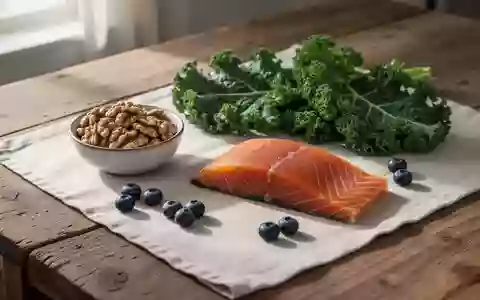 Frische, gesunde Lebensmittel wie Nüsse, Grünkohl, Lachs und Beeren auf einem Holztisch als Symbol für eine ausgewogene Ernährung. - Foto: über boerse-global.de