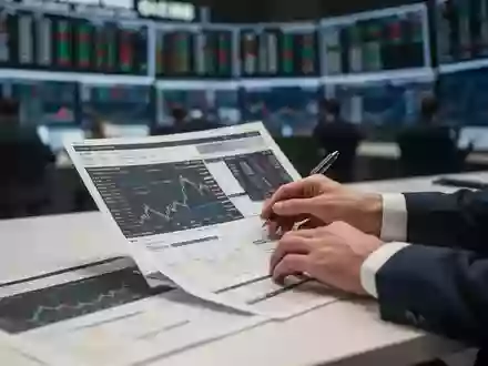 Nahaufnahme der Hände eines Geschäftsmannes an einem Schreibtisch vor einem unscharfen Hintergrund eines Börsenparketts. - Foto: über boerse-global.de