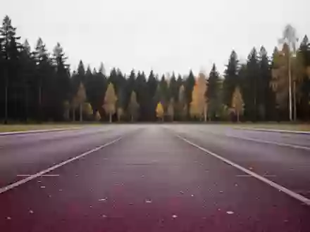 Eine leere, moderne Leichtathletikbahn in einer finnischen Waldlandschaft unter herbstlichem Himmel. - Foto: über boerse-global.de