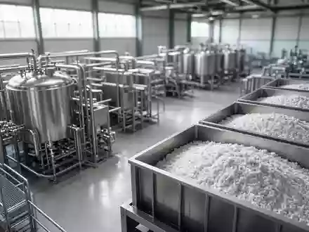 Moderne Industrieanlage zur Lithium-Verarbeitung mit metallischen Oberflächen und Rohmaterialbehältern in einer Lagerhalle. - Foto: über boerse-global.de