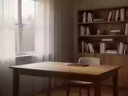 Ein minimalistisch eingerichtetes Arbeitszimmer mit einem leeren Schreibtisch und einem Bücherregal bei natürlichem Licht. - Foto: über boerse-global.de