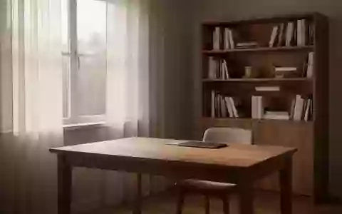 Ein minimalistisch eingerichtetes Arbeitszimmer mit einem leeren Schreibtisch und einem Bücherregal bei natürlichem Licht. - Foto: über boerse-global.de