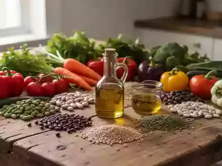 Eine Auswahl an frischem Gemüse, Hülsenfrüchten und Olivenöl auf einem Holztisch als Symbol für entzündungsarme Ernährung. - Foto: über boerse-global.de