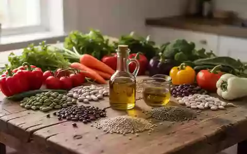 Eine Auswahl an frischem Gemüse, Hülsenfrüchten und Olivenöl auf einem Holztisch als Symbol für entzündungsarme Ernährung. - Foto: über boerse-global.de