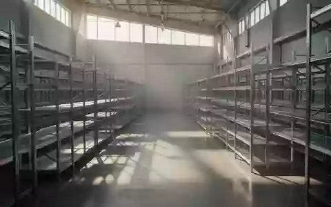 Helle, minimalistische Lagerhalle mit leeren Regalsystemen und einfallendem Tageslicht auf einem Betonboden. - Foto: über boerse-global.de