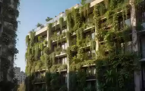 Ein modernes Wohngebäude in einer Stadt mit einer üppigen, begrünten Fassade bei Tageslicht. - Foto: über boerse-global.de