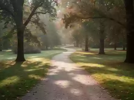 Ein von Sonnenlicht durchfluteter, gewundener Spazierweg in einem ruhigen Park mit herbstlichen Bäumen. - Foto: über boerse-global.de