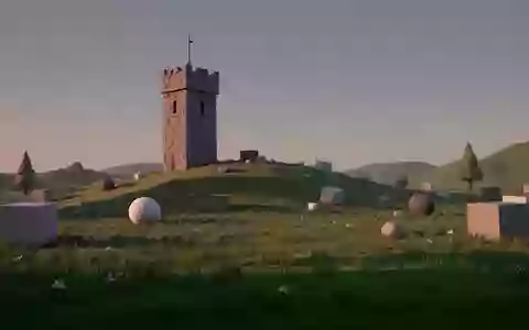 Eine minimalistische, digitale 3D-Landschaft mit geometrischen Formen, einem Hügel und einem Turm bei Dämmerung. - Foto: über boerse-global.de