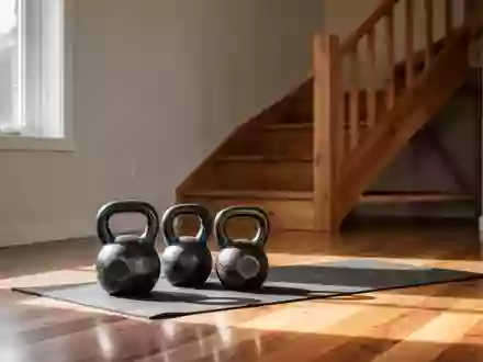 Ein minimalistischer Trainingsbereich mit Kettlebells auf einer Matte vor einer Holztreppe in einem hellen Raum. - Foto: über boerse-global.de