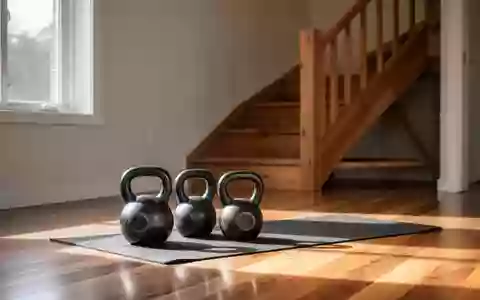 Ein minimalistischer Trainingsbereich mit Kettlebells auf einer Matte vor einer Holztreppe in einem hellen Raum. - Foto: über boerse-global.de
