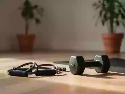 Ein minimalistischer Trainingsbereich mit Widerstandsbändern und einer Hantel auf einem hellen Holzboden. - Foto: über boerse-global.de