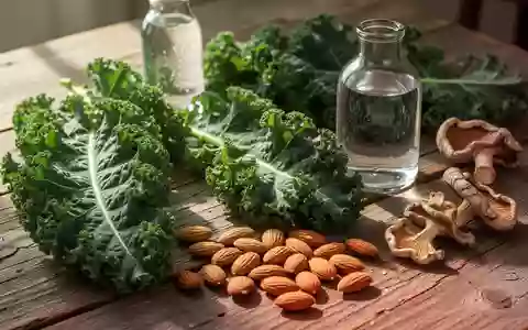 Eine Auswahl gesunder Lebensmittel wie Grünkohl, Mandeln und Mineralwasser auf einem Holztisch zur Unterstützung der Knochengesundheit. - Foto: über boerse-global.de