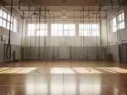 Leere Schulturnhalle mit Holzboden und Kletterseilen bei hellem Tageslicht. - Foto: ĂŒber boerse-global.de