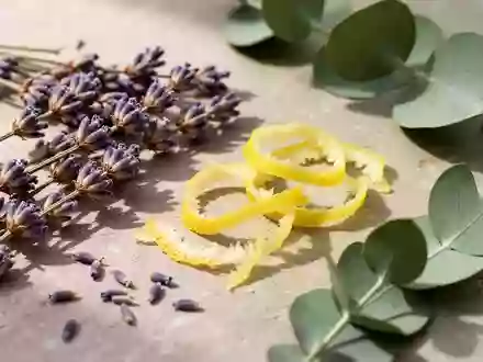 Nahaufnahme von natürlichen botanischen Zutaten wie Lavendel, Zitronenschalen und Eukalyptusblättern auf einem Steinhintergrund. - Foto: über boerse-global.de