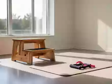 Ein heller Physiotherapieraum mit einem hölzernen Tritt und einem Trainingsband auf einer Matte. - Foto: über boerse-global.de