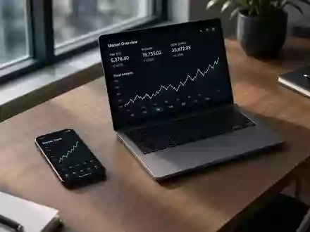 Moderner, minimalistischer Schreibtisch mit Laptop und Smartphone, das abstrakte Finanzkurve zeigt. - Foto: über boerse-global.de
