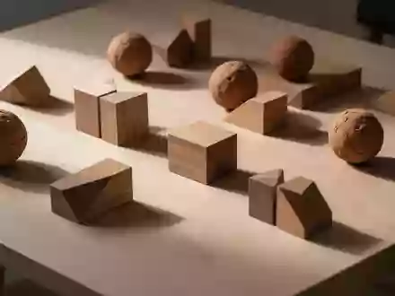 Minimalistische Anordnung von hölzernen geometrischen Formen und Tonkugeln auf einer sauberen Holztischoberfläche. - Foto: über boerse-global.de