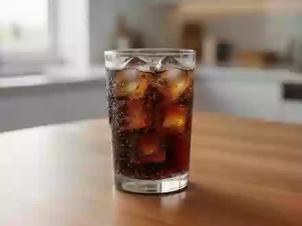 Ein Glas mit zuckerhaltigem Erfrischungsgetränk und Eiswürfeln auf einem Holztisch. - Foto: über boerse-global.de