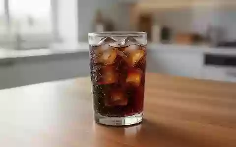 Ein Glas mit zuckerhaltigem Erfrischungsgetränk und Eiswürfeln auf einem Holztisch. - Foto: über boerse-global.de