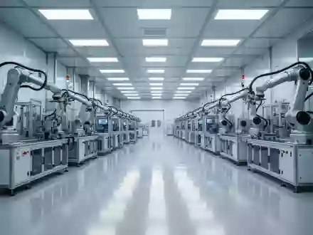 Ein steriler, hochmoderner Produktionsraum in einer Fabrik für Displaytechnik mit glänzendem Boden und technischer Ausrüstung. - Foto: über boerse-global.de