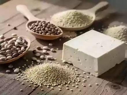 Nahaufnahme von verschiedenen pflanzlichen Proteinquellen wie Tofu, Bohnen und Quinoa auf einem hölzernen Untergrund. - Foto: über boerse-global.de
