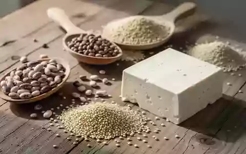 Nahaufnahme von verschiedenen pflanzlichen Proteinquellen wie Tofu, Bohnen und Quinoa auf einem hölzernen Untergrund. - Foto: über boerse-global.de