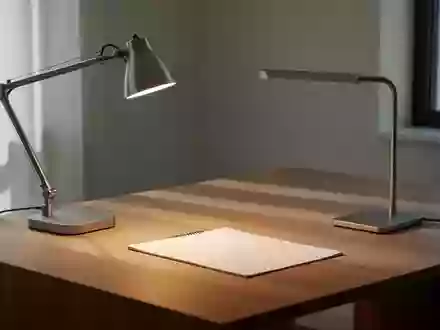 Ein aufgeräumter Schreibtisch mit einer Schreibtischleuchte, die ein Notizblatt sanft beleuchtet, in einem hellen Büro. - Foto: über boerse-global.de