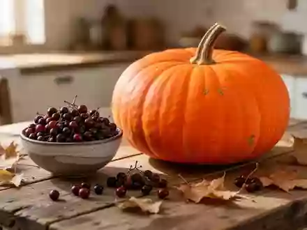 Ein hölzerner Küchentisch mit einem Kürbis und einer Schale frischer Beeren im herbstlichen Licht. - Foto: über boerse-global.de