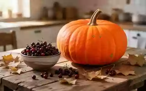 Ein hölzerner Küchentisch mit einem Kürbis und einer Schale frischer Beeren im herbstlichen Licht. - Foto: über boerse-global.de