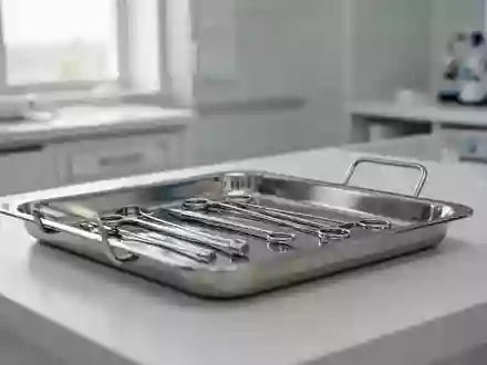 Ein steriler, minimalistischer Behandlungsraum in einer Klinik mit einer glänzenden Edelstahlablage vor neutralem Hintergrund. - Foto: über boerse-global.de