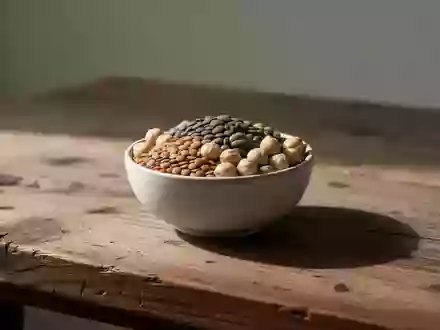 Eine Nahaufnahme von eisenreichen Hülsenfrüchten in einer schlichten Keramikschale auf einem Holztisch. - Foto: über boerse-global.de