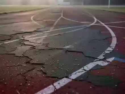 Nahaufnahme eines leeren, leicht abgenutzten Kunststoff-Laufbelags auf einer Sportbahn bei Morgenlicht. - Foto: über boerse-global.de