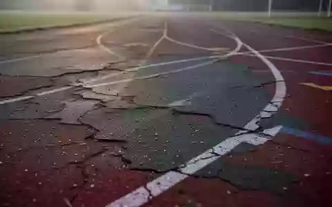 Nahaufnahme eines leeren, leicht abgenutzten Kunststoff-Laufbelags auf einer Sportbahn bei Morgenlicht. - Foto: über boerse-global.de