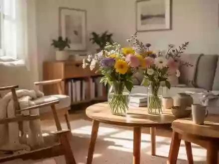 Ein heller, freundlich eingerichteter Raum mit Holzmöbeln und Blumen, der eine ruhige und einladende Atmosphäre ausstrahlt. - Foto: über boerse-global.de