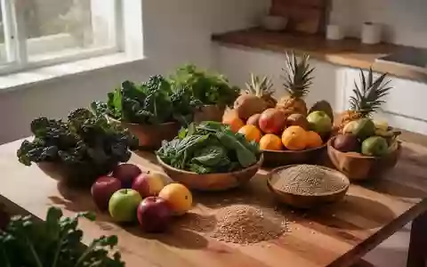 Frische Lebensmittel wie grünes Blattgemüse, Obst und Vollkornprodukte auf einem Holztisch in einer hellen Küche. - Foto: über boerse-global.de