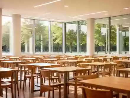 Heller, moderner Speisesaal einer Hochschule mit leeren Tischen und Stühlen in natürlichem Tageslicht. - Foto: über boerse-global.de