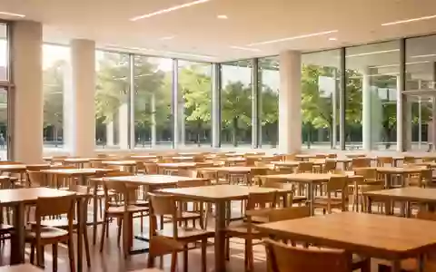Heller, moderner Speisesaal einer Hochschule mit leeren Tischen und Stühlen in natürlichem Tageslicht. - Foto: über boerse-global.de