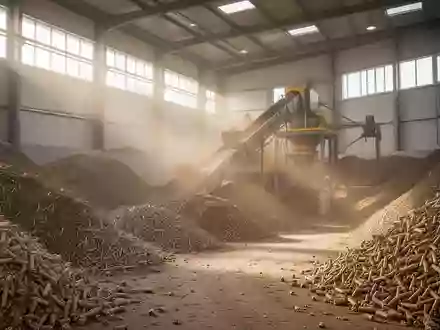 Industrielle Lagerhalle mit aufgeschichteten Holzpellets in einer modernen Produktionsanlage. - Foto: über boerse-global.de