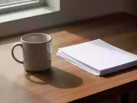 Ein minimalistischer Arbeitsbereich mit einem leeren Keramikbecher und einem Stapel leerer Dokumente auf einem Holztisch. - Foto: über boerse-global.de