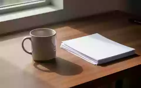 Ein minimalistischer Arbeitsbereich mit einem leeren Keramikbecher und einem Stapel leerer Dokumente auf einem Holztisch. - Foto: über boerse-global.de