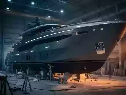 Ein luxuriöser Yachtrumpf in einer modernen Werft, der die hochwertige Fertigung im maritimen Sektor symbolisiert. - Foto: über boerse-global.de