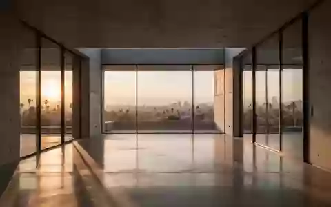 Ein minimalistischer, moderner Innenraum mit polierten Betonböden und großen Glasfronten, die das Licht des Sonnenuntergangs reflektieren. - Foto: über boerse-global.de