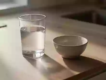 Eine minimalistische, leere Küchenoberfläche mit einem Glas Wasser und einer kleinen Keramikschale bei natürlichem Licht. - Foto: über boerse-global.de