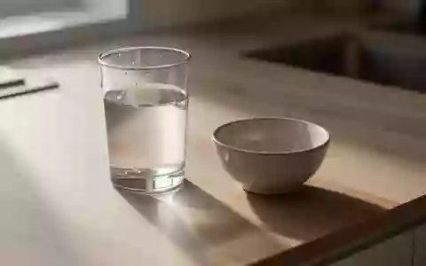 Eine minimalistische, leere Küchenoberfläche mit einem Glas Wasser und einer kleinen Keramikschale bei natürlichem Licht. - Foto: über boerse-global.de