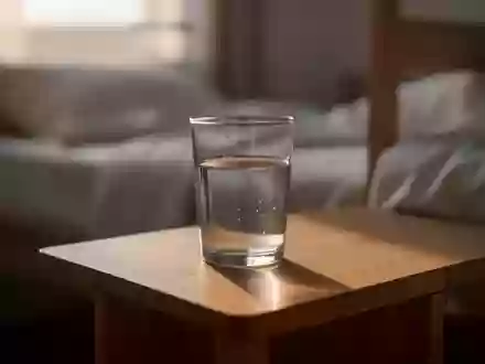 Ein Glas Wasser auf einem minimalistischen Holztisch in einem schlichten Schlafzimmer bei morgendlichem Licht. - Foto: über boerse-global.de