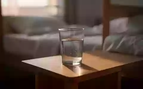 Ein Glas Wasser auf einem minimalistischen Holztisch in einem schlichten Schlafzimmer bei morgendlichem Licht. - Foto: über boerse-global.de
