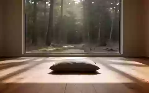 Ein minimalistischer Raum mit einem einzelnen Meditationskissen auf einem Holzboden vor einem Fenster mit Blick in den Wald. - Foto: über boerse-global.de